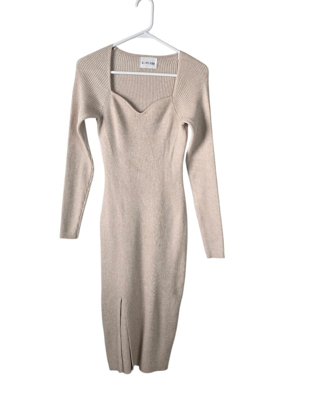 Olive & Oak Ribbed Long Sleeve Sweetheart Neckline Midi Dress M Beige/Tan Slit